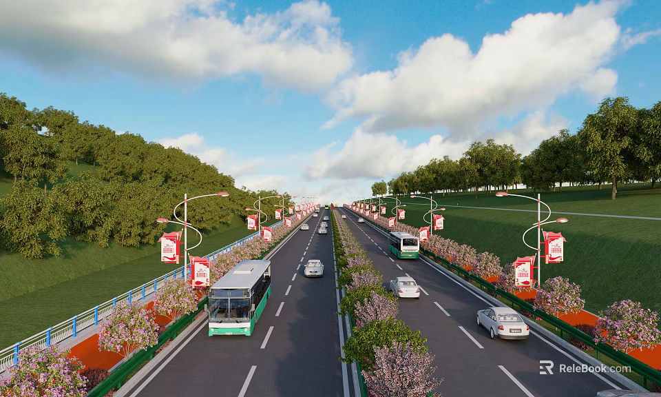 Well Equipped Road Facilities With Green Belts Street Lamps And Traffic Vehicles 3d model 