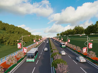 Well Equipped Road Facilities With Green Belts Street Lamps And Traffic Vehicles 3d model