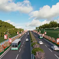 Well Equipped Road Facilities With Green Belts Street Lamps And Traffic Vehicles