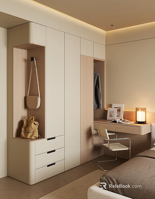 Modern Open Wardrobe Design With Hanging Area Drawers Bags Desk Chair And Table Lamp 3d model 