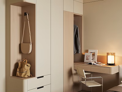 Modern Open Wardrobe Design With Hanging Area Drawers Bags Desk Chair And Table Lamp 3d model