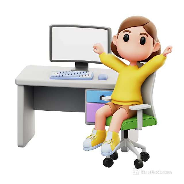 Woman Sitting at Desk with Computer Monitor Keyboard Mouse on Green Office Chair 3d model 