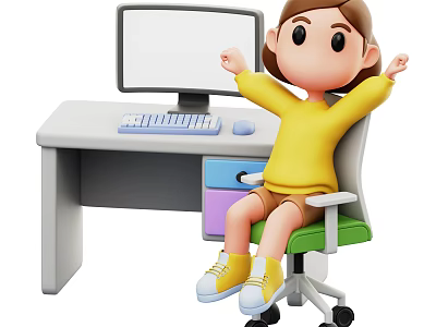 Woman Sitting at Desk with Computer Monitor Keyboard Mouse on Green Office Chair 3d model