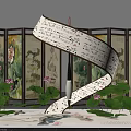 Ink Painting Style Art Installation With Scroll Lotus And Decorative Screens