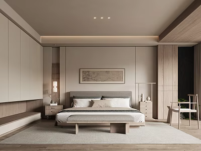 Modern Minimalist Bedroom Interior Design With Cozy Bed Nightstand And Decorative Painting 3d model
