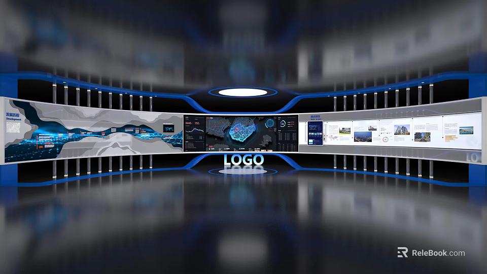 Modern Control Room With Circular Display Wall And Digital Screens Featuring Central Logo 3d model