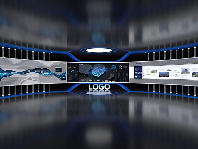 Modern Control Room With Circular Display Wall And Digital Screens Featuring Central Logo 3d model