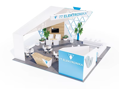 77 Elektronika Modern Exhibition Booth With White Blue Design Sofa Tables Chairs And Plants 3d model