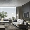 Gray Sofa And Coffee Table Set In Modern Living Room Large Windows Plants Pendant Lights