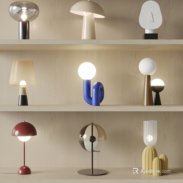 Stylish Modern Decorative Table Lamps With Various Designs On Wooden Shelves 3d model 