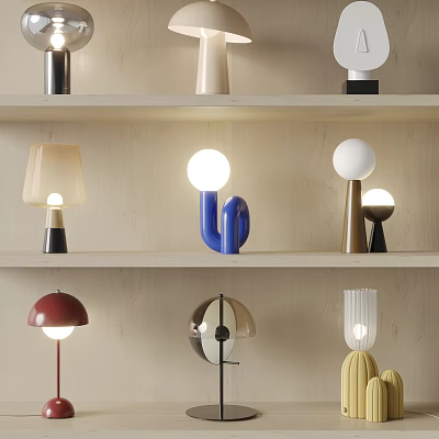 Stylish Modern Decorative Table Lamps With Various Designs On Wooden Shelves 3d model