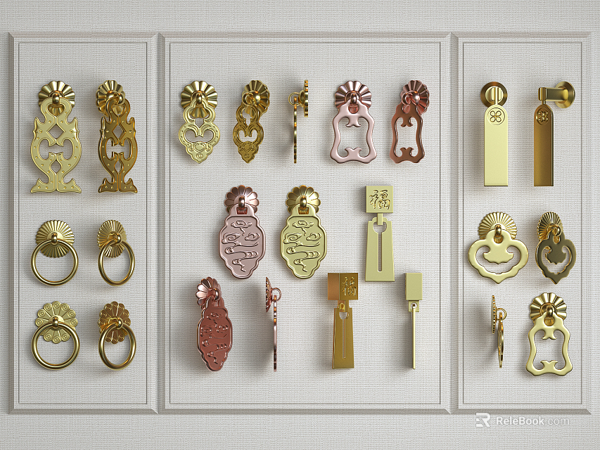 Various Ornate Metal Handles With Decorative Designs For Cabinets And Drawers 3d model 