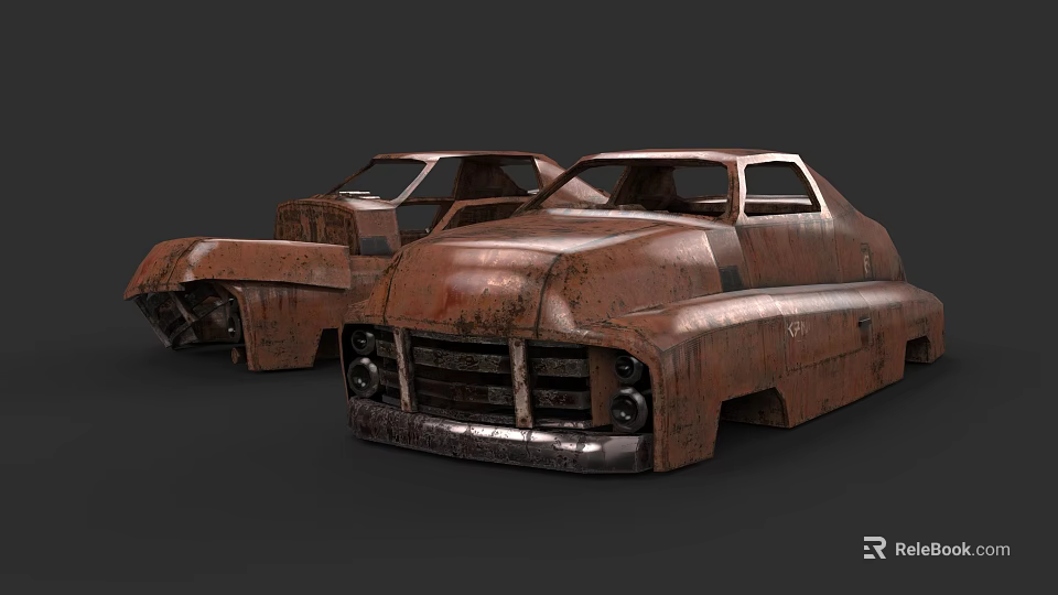 Two Rusty Wrecked Old Cars With Abandoned Rusted Body Panels 3d model 
