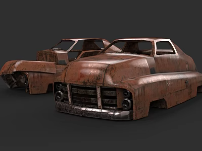 Two Rusty Wrecked Old Cars With Abandoned Rusted Body Panels 3d model
