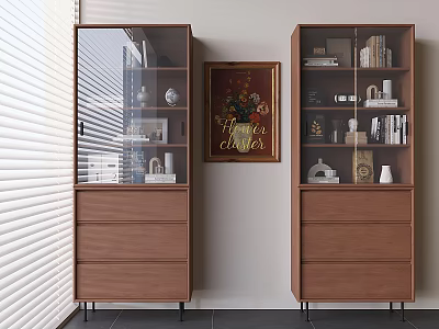 Modern Wooden Bookcase With Glass Doors Drawers Decorative Books And Wall Art 3d model