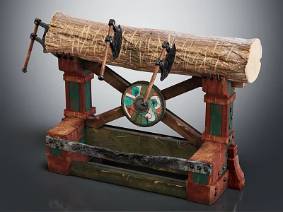 Wooden Log on Stone Stand with Hanging Axes and Colorful Decorative Accents 3d model