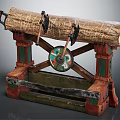 Wooden Log on Stone Stand with Hanging Axes and Colorful Decorative Accents