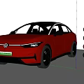 Red Volkswagen Electric Car With Sleek Exterior Design And Colorful Spheres Under Blue Sky