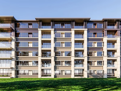 Modern Multi Story Apartment Building Exterior With Green Lawn And Clear Blue Sky 3d model