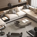 Modern Living Room With Beige L-shaped Sofa And Glass Coffee Table Set Black Chairs