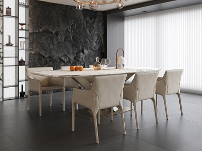 Minotti Milo Dining Table and Chair Rectangular Six-Person Chandelier Stone Background 3d model