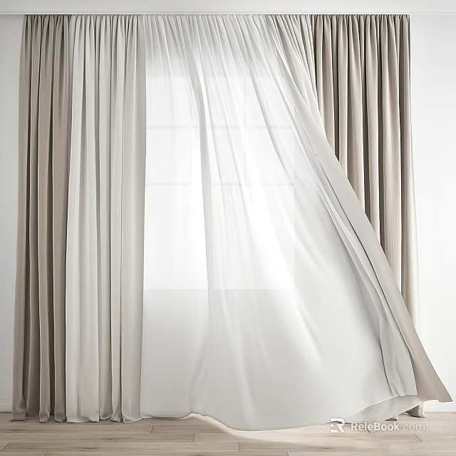 Beige Layered Curtains With Sheer Fabric For Modern Window Design 3d model 