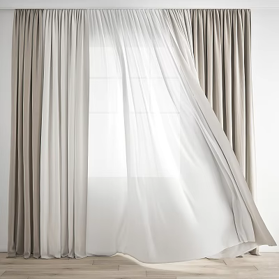 Beige Layered Curtains With Sheer Fabric For Modern Window Design 3d model