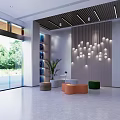 Modern Service Hall Interior With Elevators Seating Green Plants And Glass Doors