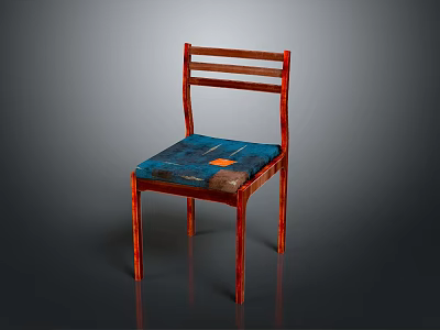 Wooden Chair With Red Frame Blue Fabric Seat And Slatted Back Design 3d model