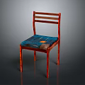 Wooden Chair With Red Frame Blue Fabric Seat And Slatted Back Design