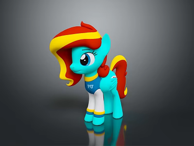 Colorful Blue Pony 3D Model Toy With Red Yellow Mane Tail And TVT Vest 3d model