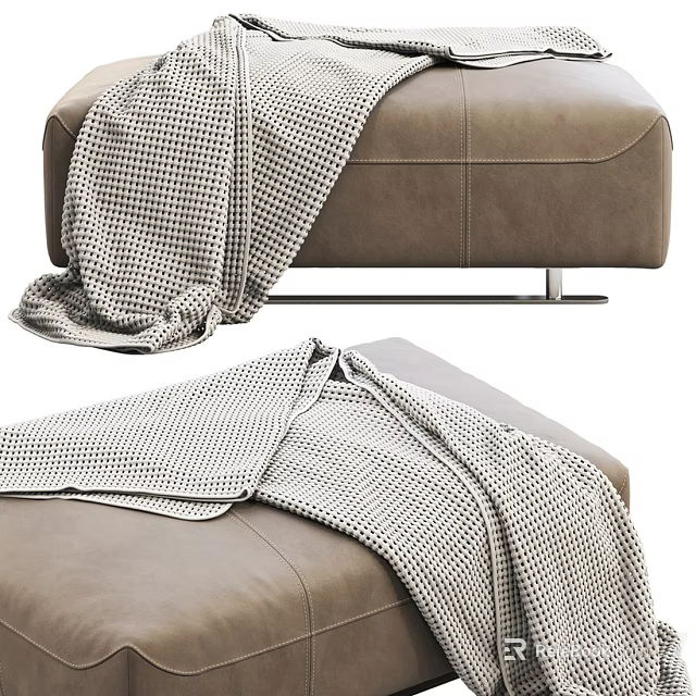 Brown Leather Ottoman With Gray Checkered Blanket And Metal Legs For Living Room 3d model 