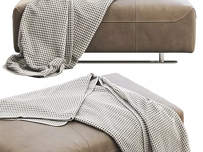Brown Leather Ottoman With Gray Checkered Blanket And Metal Legs For Living Room 3d model