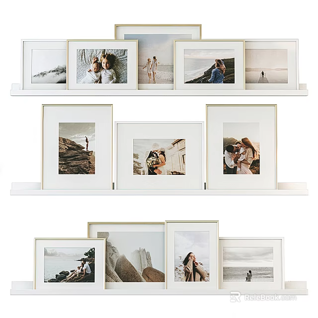 Photo Frames Display on White Shelves with Family Memories and Scenery 3d model 