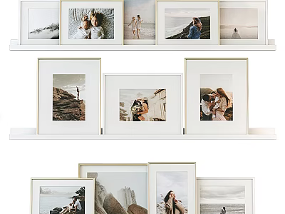Photo Frames Display on White Shelves with Family Memories and Scenery 3d model