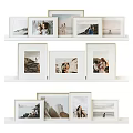 Photo Frames Display on White Shelves with Family Memories and Scenery