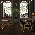Elegant Modern Restaurant Interior With Arched Windows Herringbone Floor Long Dining Tables And Wooden Chairs