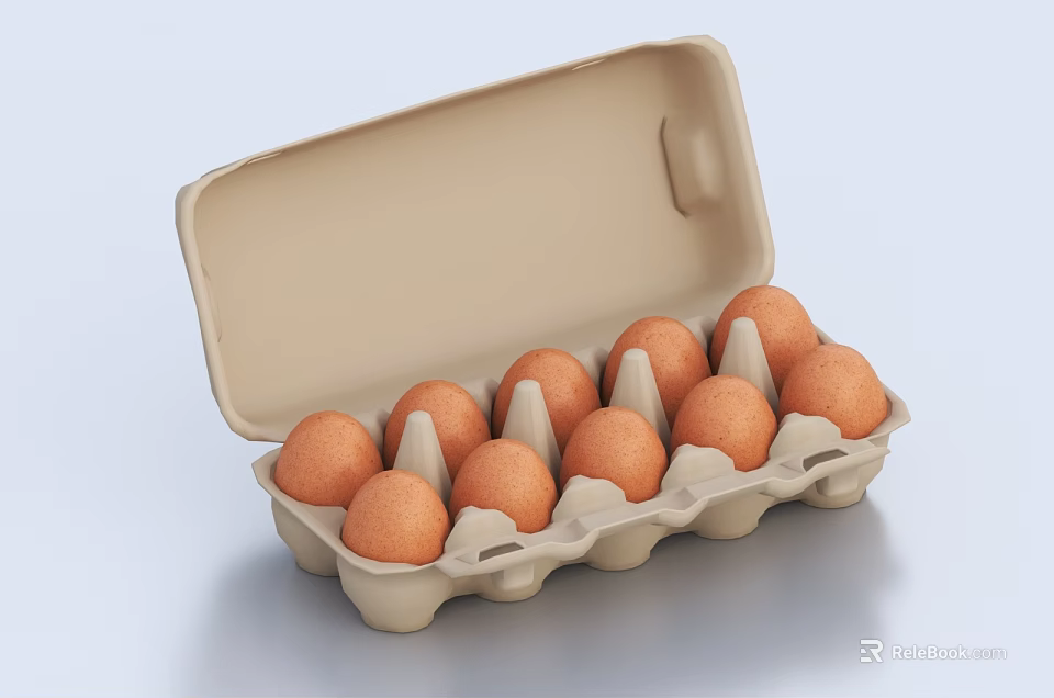Open Paper Egg Carton With Ten Fresh Orange Eggs Inside 3d model 