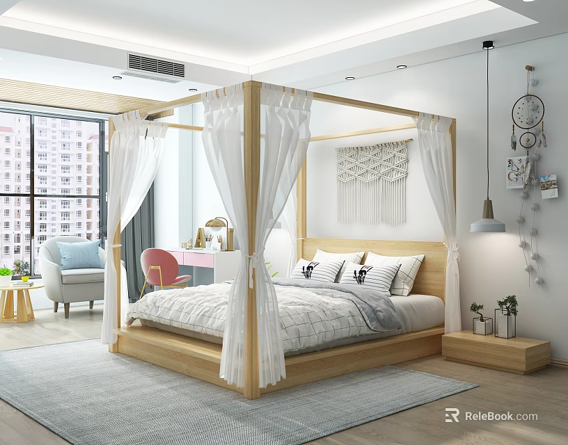 Modern Canopy Double Bed with Wooden Frame White Curtains and Macrame Hanging 3d model 
