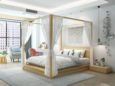 Modern Canopy Double Bed with Wooden Frame White Curtains and Macrame Hanging 3d model