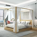 Modern Canopy Double Bed with Wooden Frame White Curtains and Macrame Hanging