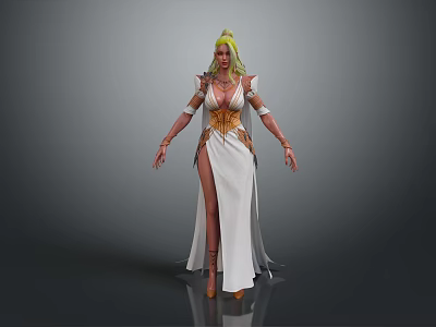 Woman With Blonde Hair In White Dress With Slit Golden Waist Decoration On Grey Background 3d model