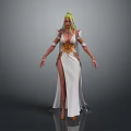 Woman With Blonde Hair In White Dress With Slit Golden Waist Decoration On Grey Background