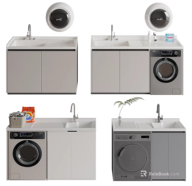 Bathroom Vanity Cabinet Set With Washing Machine Sink Countertop And Storage Cabinets 3d model 