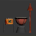 Colorful Drums and Red Easel on Dark Background as Musical Instruments and Art Supplies