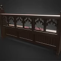 Wooden Public Bench With Gothic Carved Design Red Cloth And Books On Seat