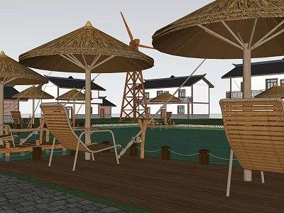 Rural Landscape With Straw Umbrellas Wooden Chairs Windmill And Cottages On Wooden Deck 3d model