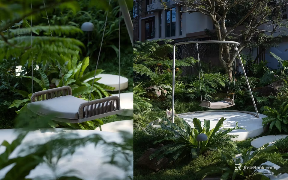 Lush Outdoor Garden Area With Hanging Swing And Green Plant Foliage 3d model 