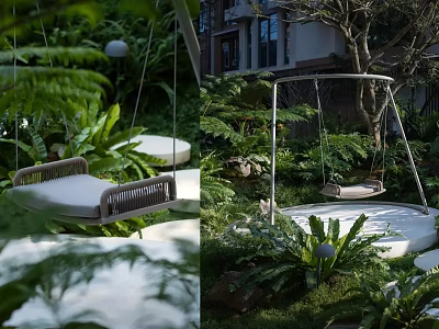 Lush Outdoor Garden Area With Hanging Swing And Green Plant Foliage 3d model