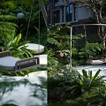 Lush Outdoor Garden Area With Hanging Swing And Green Plant Foliage